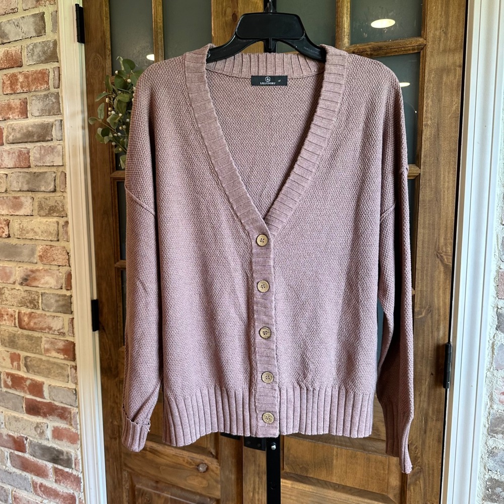 LILLUSORY Cardigan Women L Mauve Textured Waffle Knit V-Neck Button Front Cozy‎